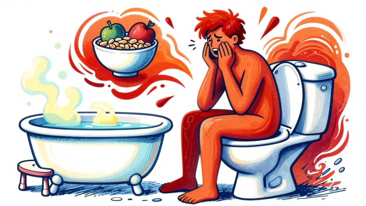 Abstract illustration of home remedies for hemorrhoids including fiber and sitz baths
