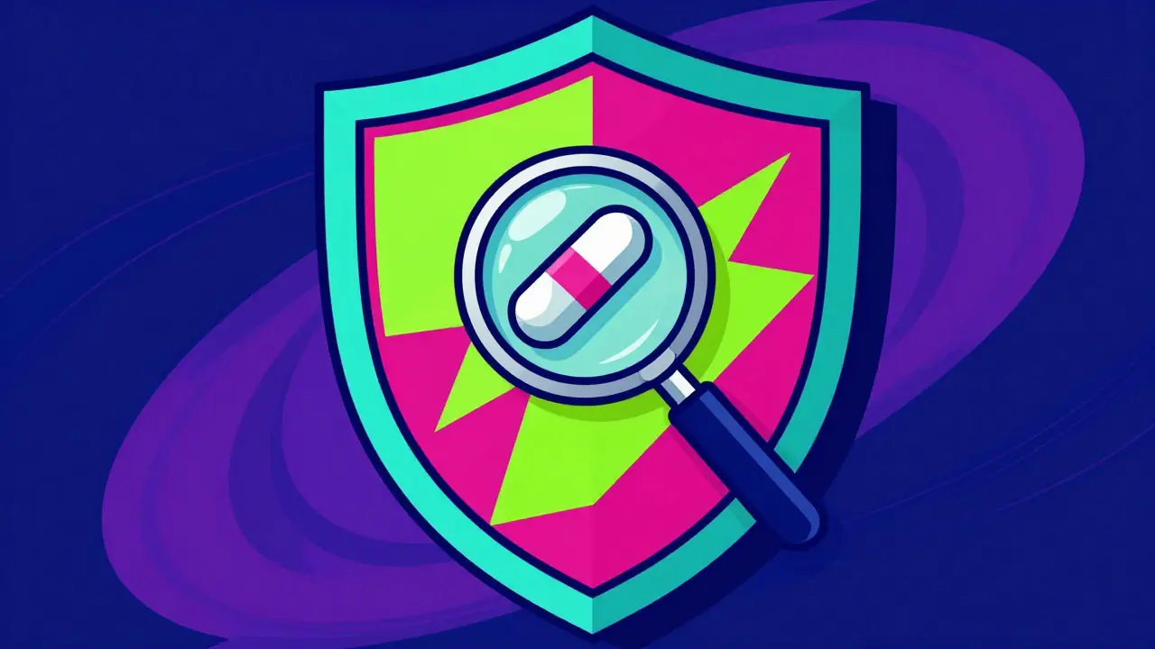 Abstract shield and magnifying glass protecting a pill in Peter Max style