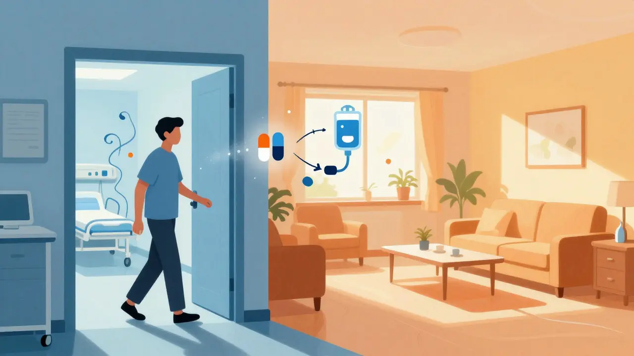 Artistic depiction of a patient transitioning from a hospital room to a home environment