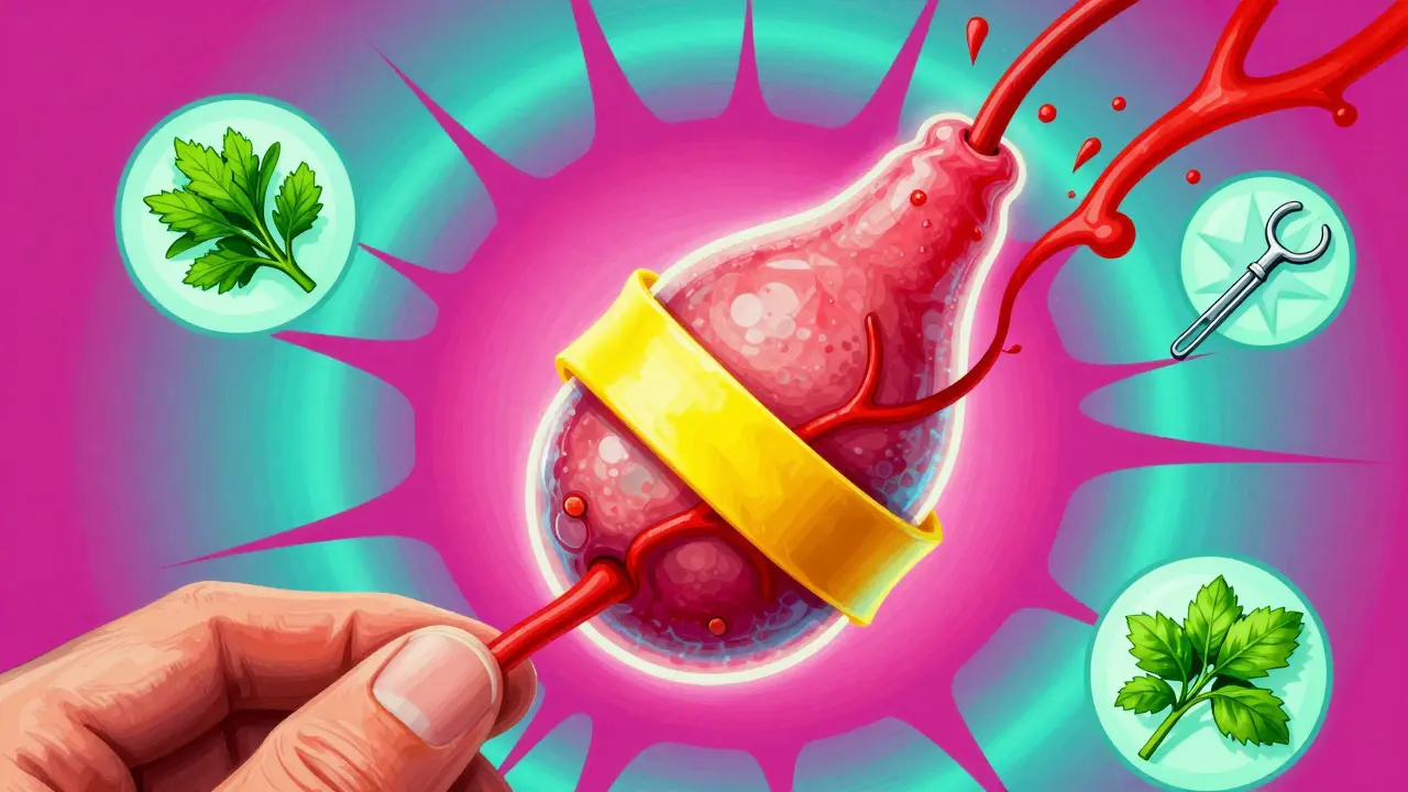 Artistic depiction of rubber band ligation treatment for hemorrhoids in vibrant colors