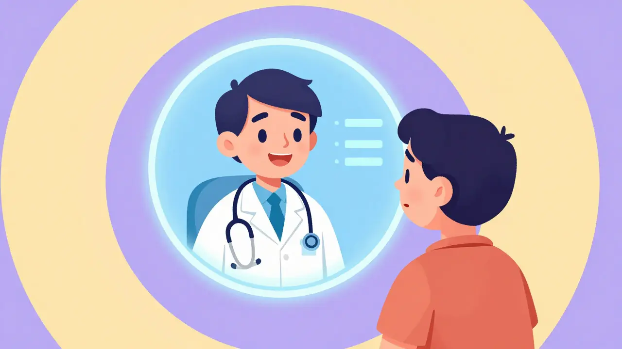 Cartoon doctor and patient connecting via telehealth in a Peter Max style scene