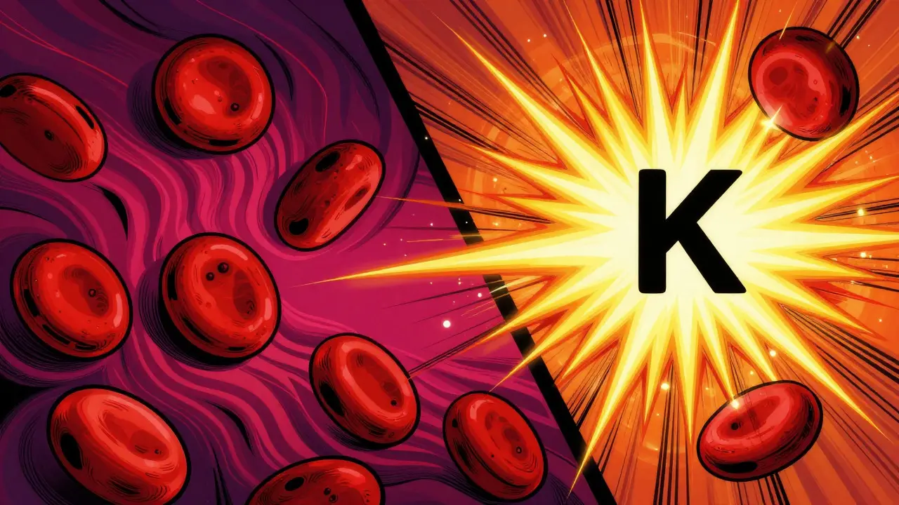 Colorful abstract art depicting blood cells and vitamin K energy balancing