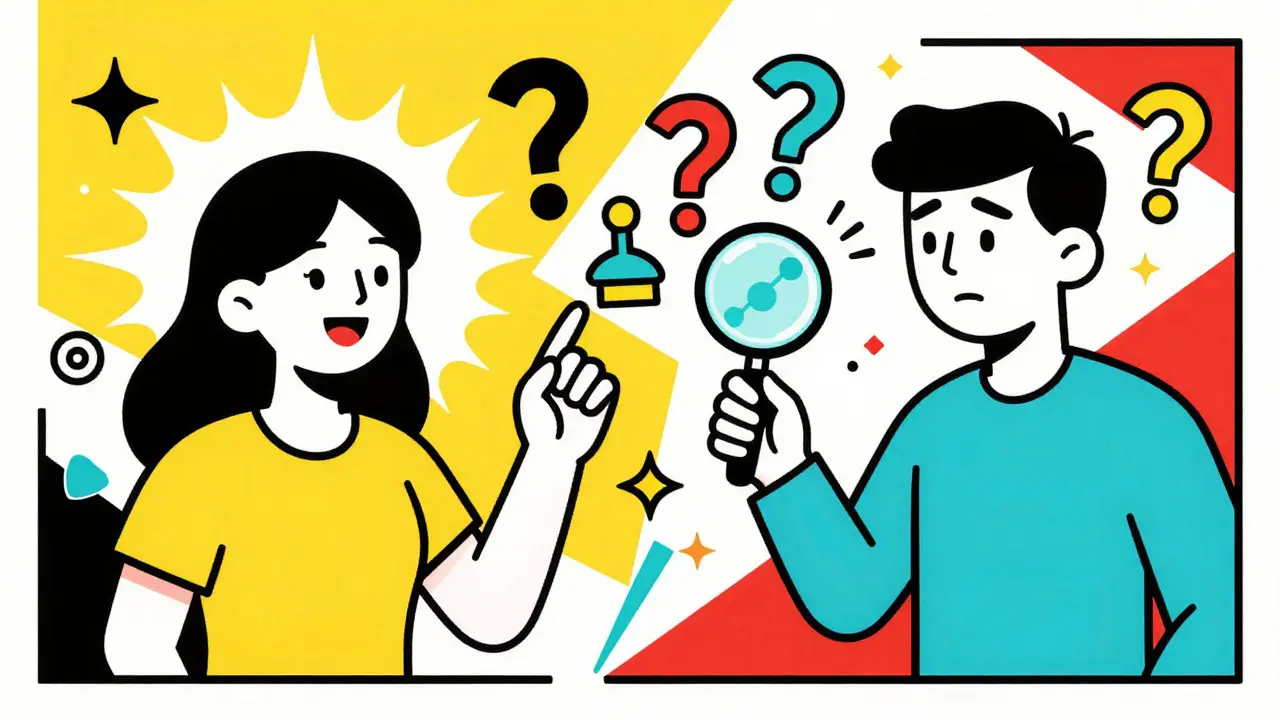 Colorful cartoon illustrating the conflict between clinical trial data and patient reports.