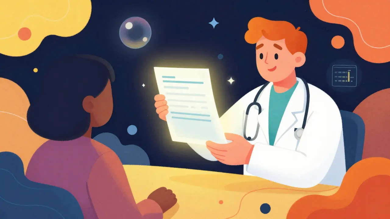 Colorful cartoon of a doctor handing a glowing prescription document to a patient in a cosmic setting