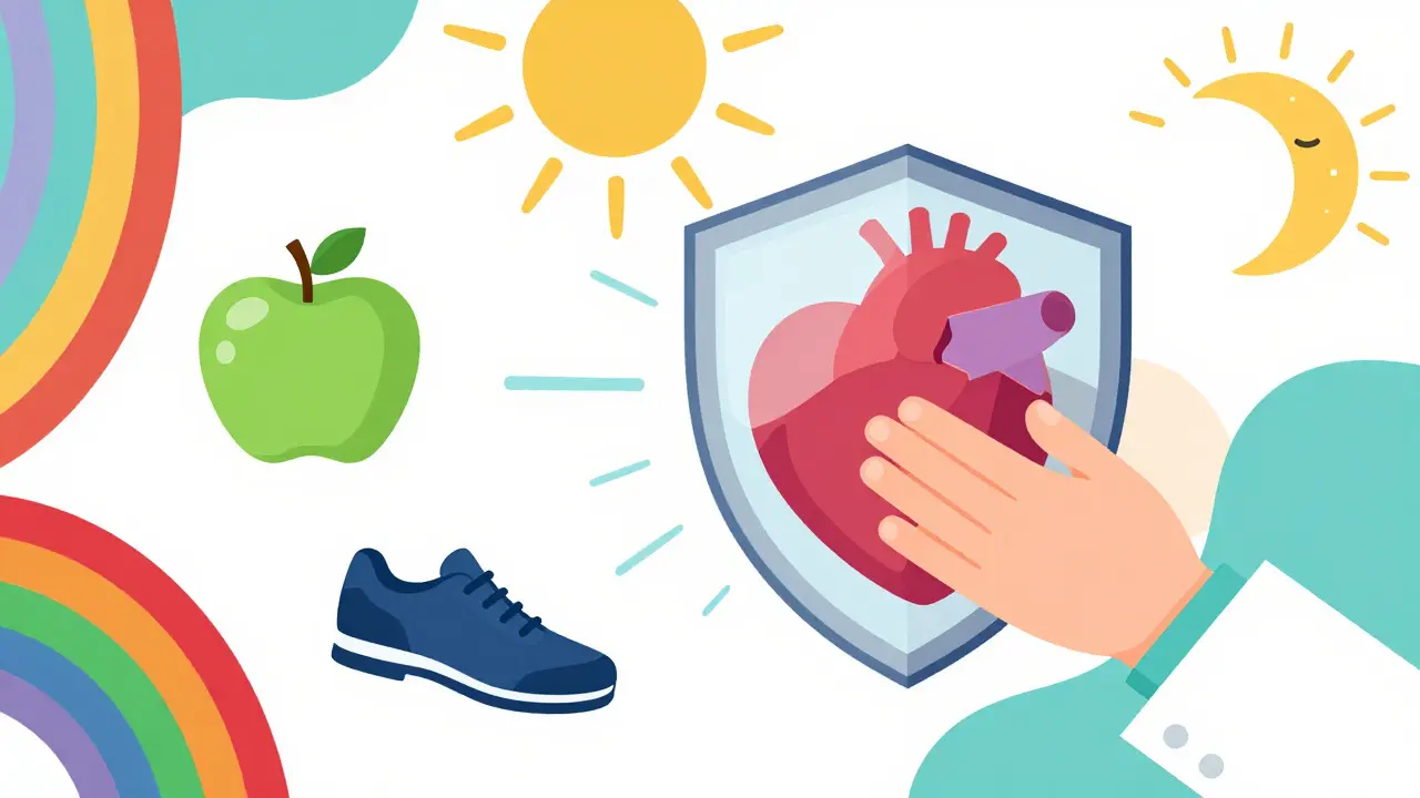 Colorful graphic showing a shield protecting a heart with healthy lifestyle icons