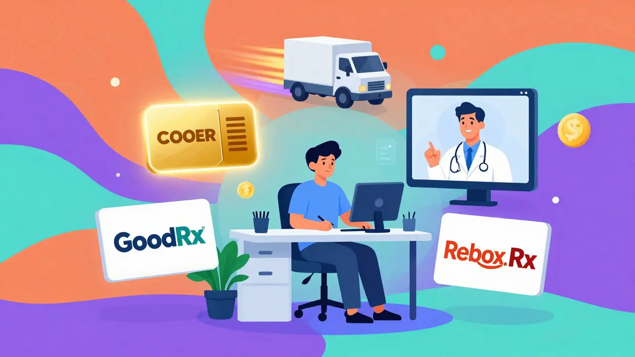 Colorful illustration of online pharmacy options and telehealth services