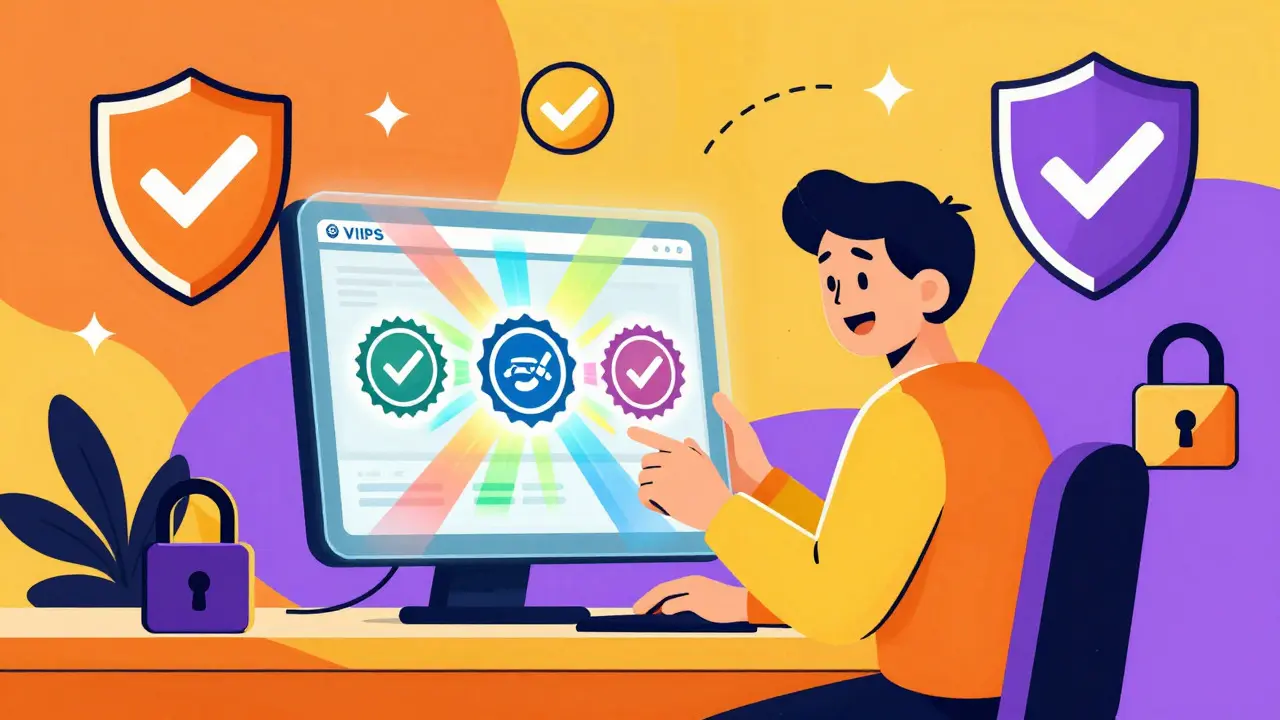 Colorful illustration of safe online pharmacy verification seals