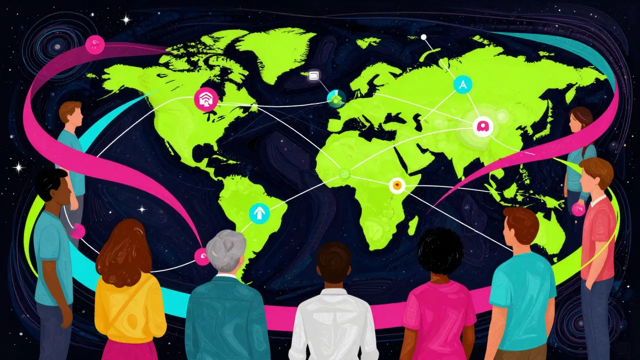 Global network of people connected by neon ribbons in psychedelic art