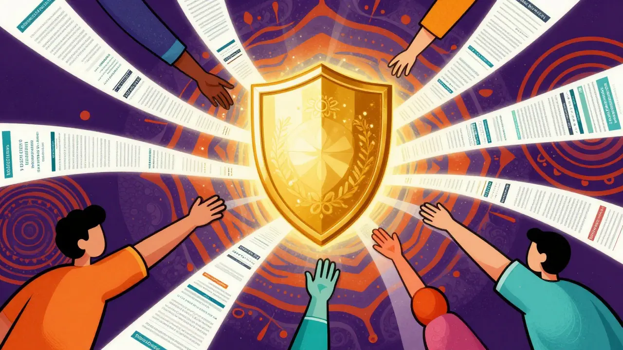 Golden shield of medical authority glowing amidst vibrant abstract patterns