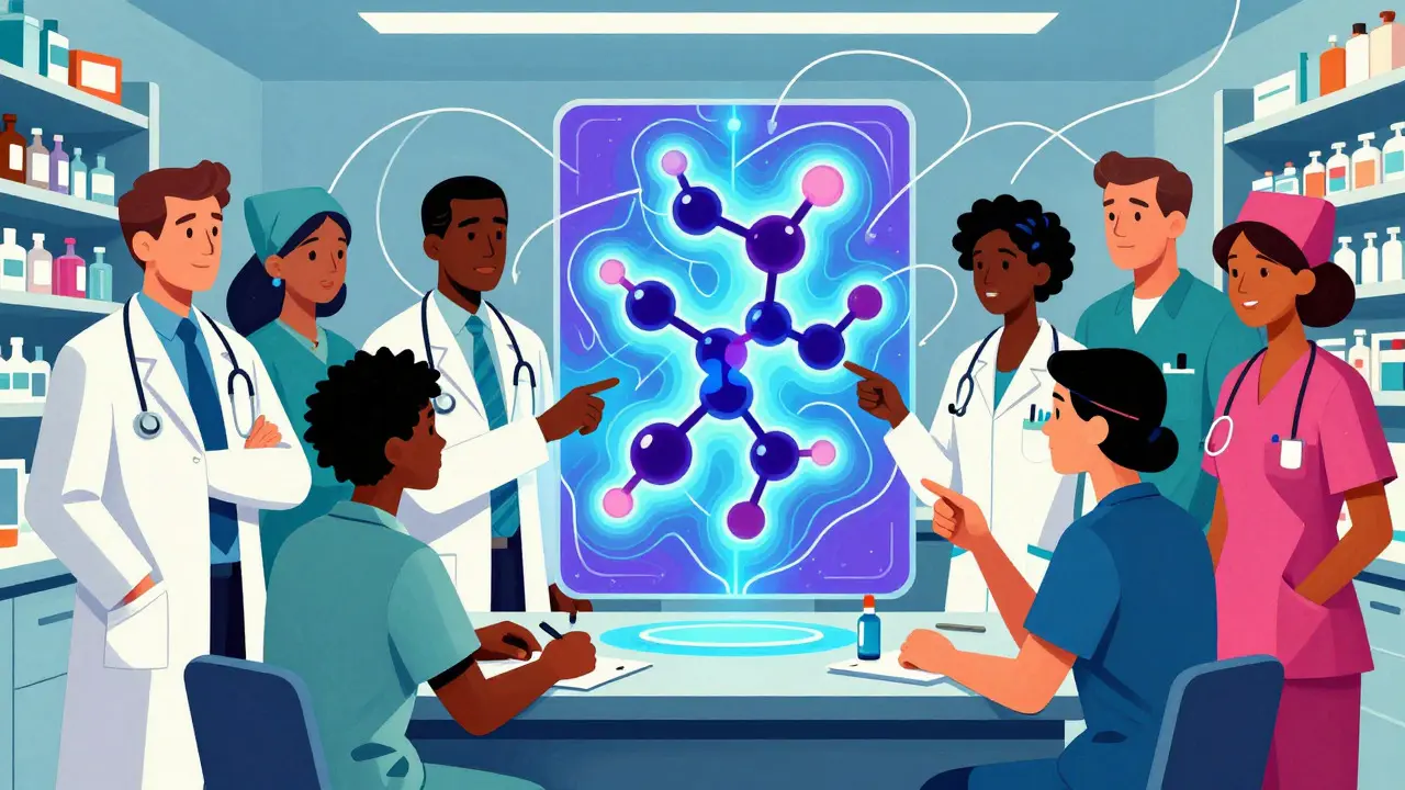 Illustration of a medical team discussing treatment protocols in a vibrant hospital setting