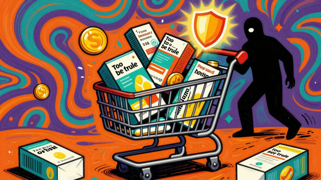 Surreal depiction of risky online medicine purchases with a protective shield icon