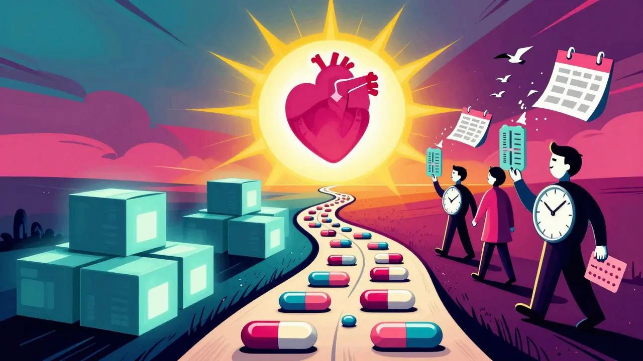 Vibrant art depicting long-term medication savings and health