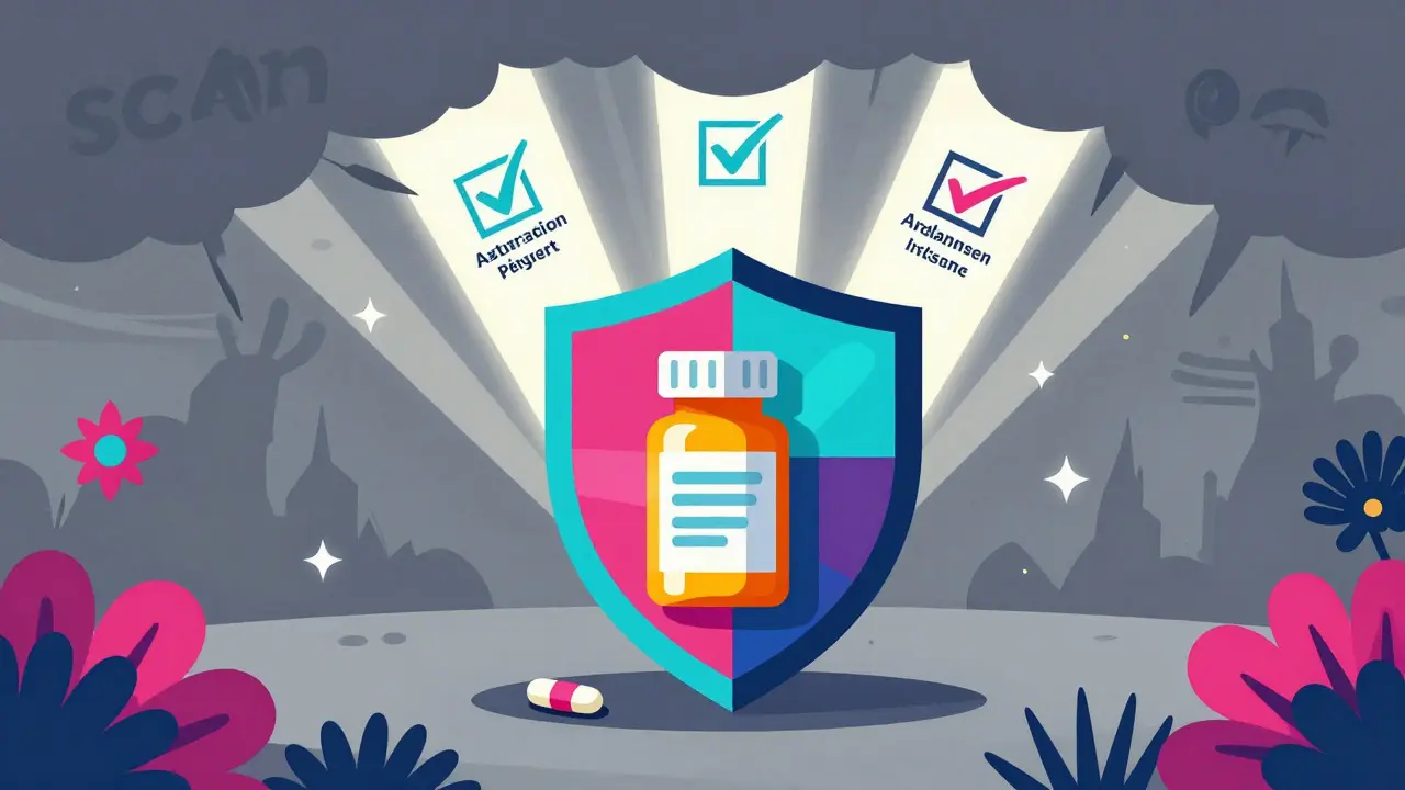 Vibrant art showing safety shields protecting against fake online pharmacies