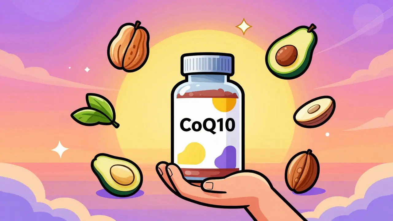 Vibrant illustration of taking CoQ10 with healthy fats for better absorption.