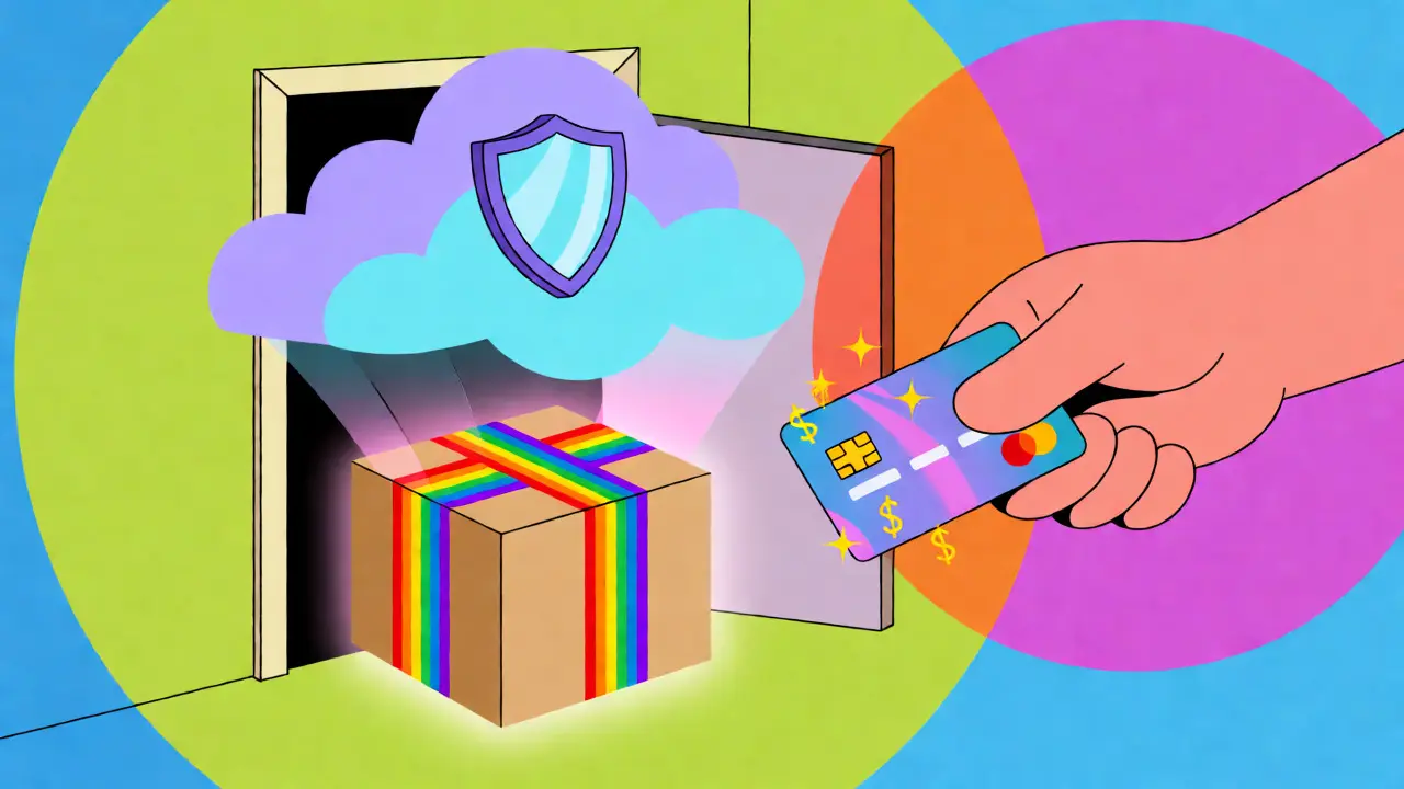 Whimsical Peter Max style art of a glowing medicine delivery box with safety symbols.