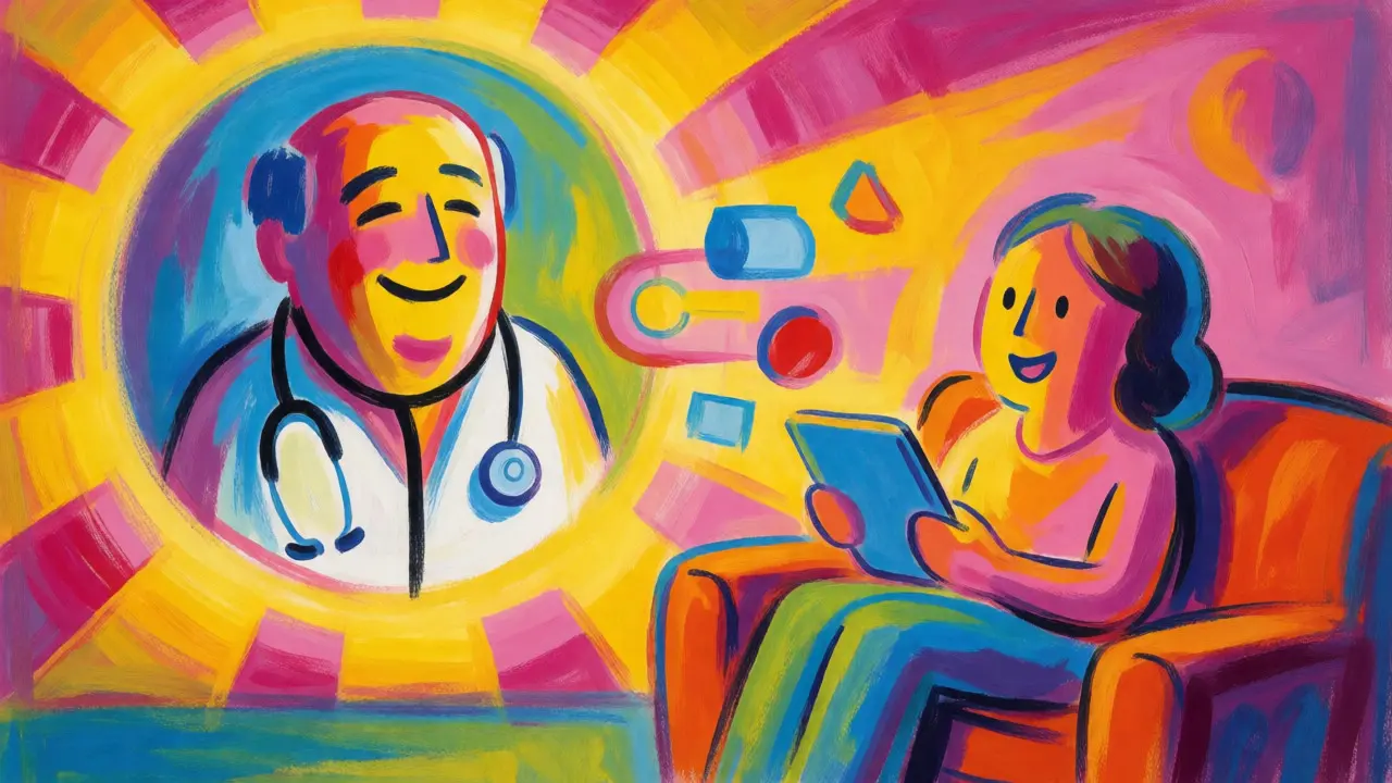 Cartoon-style telehealth consultation scene with a doctor on a screen and a patient relaxing at home.