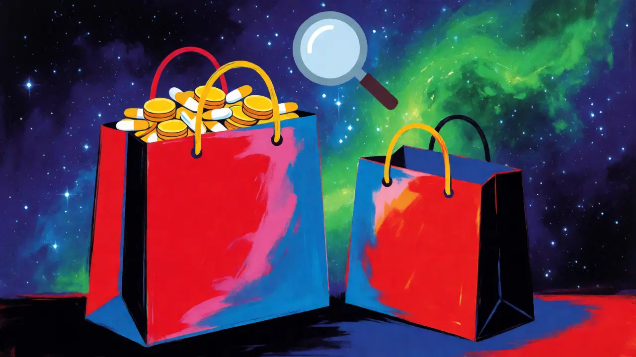 Colorful Peter Max style depiction of shopping bags comparing cheap and expensive medication costs with a magnifying glass.